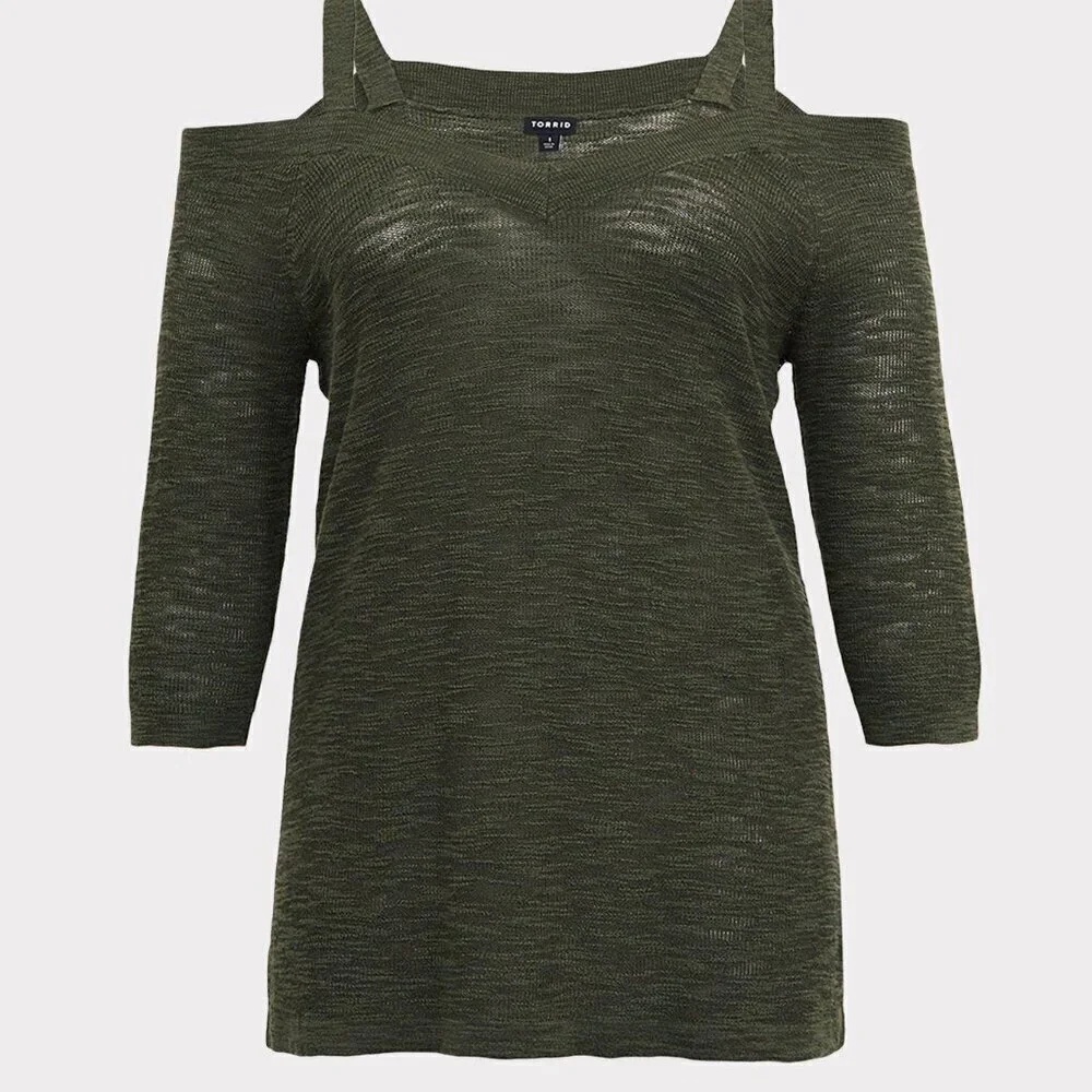 Torrid Slub Pullover Tunic V-Neck Cold Shoulder Sweater Fall 2x NWT NEW olive - Picture 5 of 11